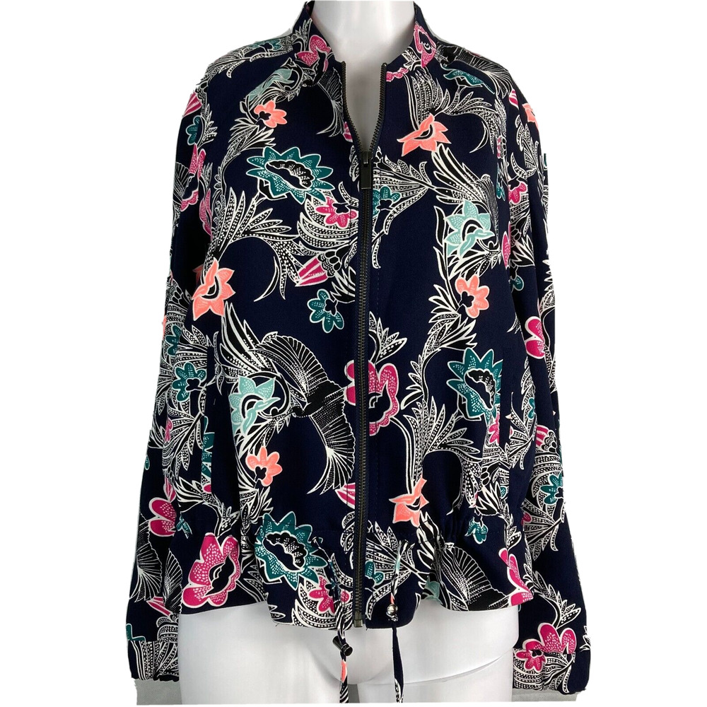 Banana Republic Jacket Womens Sz XS Navy Blue Floral Bird Zip Up Lightweight